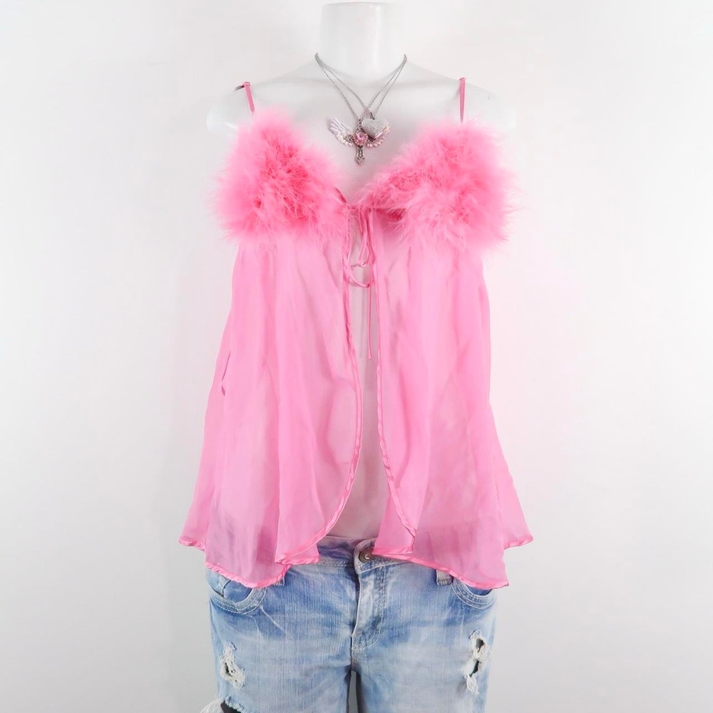 y2k hot pink feather trim lace up satin camisole la senza